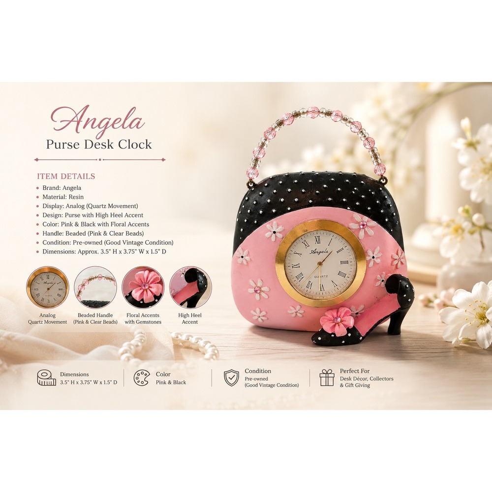 Angela Purse Desk Clock Pink Black‎ Floral Beaded Handle High Heel Quartz Resin